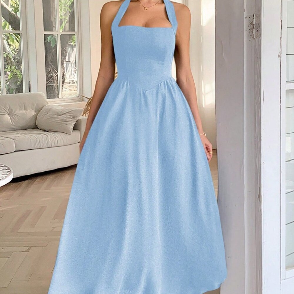 Blue Elegant Women's Hanging halter Neck Long Dress - Picture 4 of 11